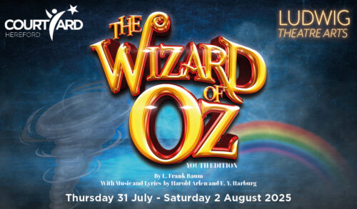 The Wizard Of Oz in gold lettering on top of a blue stormy sky with a tornado and a rainbow