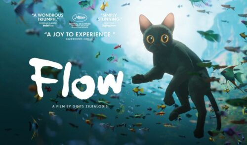 An illustrated image of a black cat swimming underwater surrounded by fish The title reads Flow