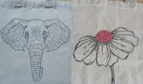 An Embroidered Elephant and Flower on two Tote Bags