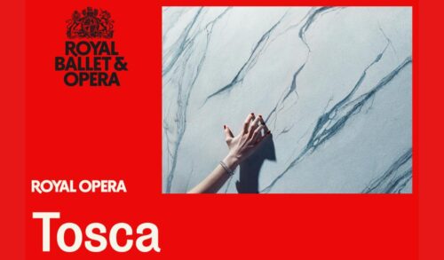 A hand runs down a marble wall In the top left corner is the Royal Ballet  Opera logo The text in the bottom left reads Royal Opera Tosca