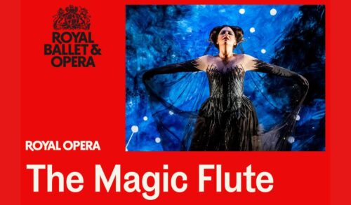 A woman in a black dress stands on stage with her arms outstretched In the top left corner is the Royal Ballet  Opera logo The text in the bottom left reads Royal Opera The Magic Flute