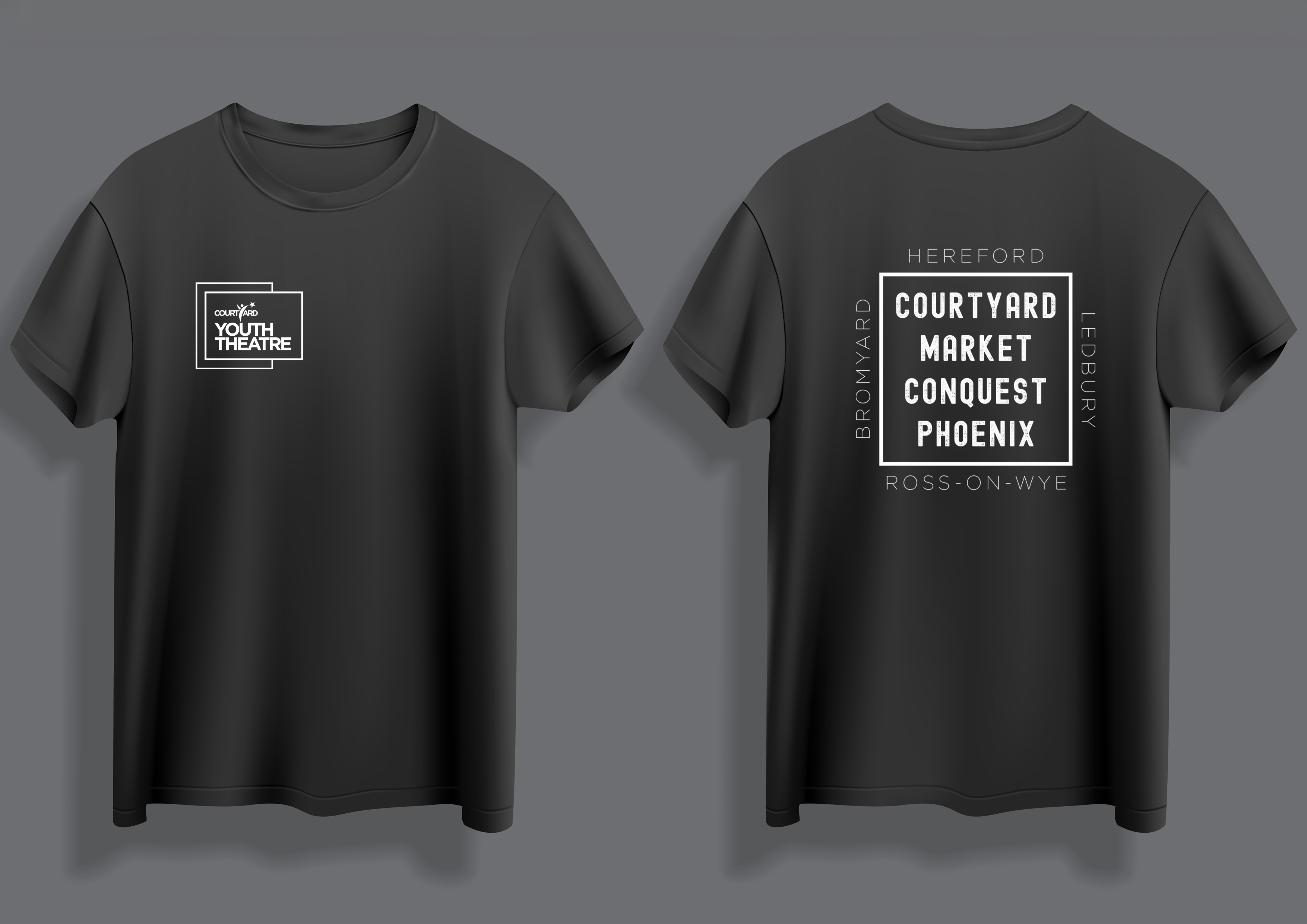 A mock up of a black tshirt with a logo on the front that says Courtyard Youth Theatre, and on the back says Courtyard, Market, Conquest, Phoenix - Hereford, Ledbury, Bromyard, Ross-On-Wye.