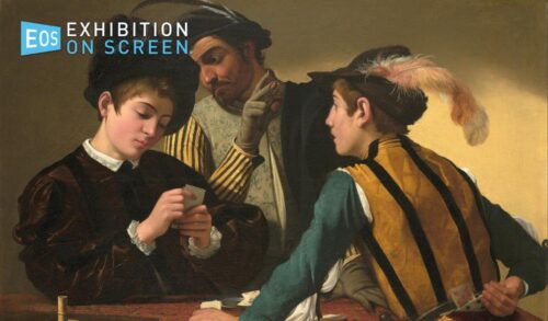 A painting of three men playing a card game In the top left is the Exhibition on Screen logo