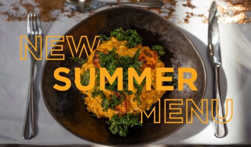A picture of a carrot risotto topped with crispy kale Text reads New summer menu