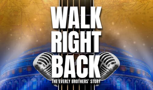 Walk Right Back written on an orange and blue background with two old fashioned rocknroll microphones