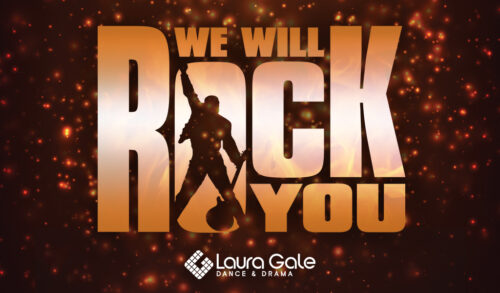 We Will Rock You on a glittery background with a man holding a guitar at the centre of the o in Rock