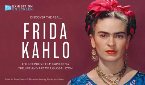 A photograph of Frida Kahlo a woman wearing a blue dress a red hair tie and gold jewellery The title reads Friday Kahlo