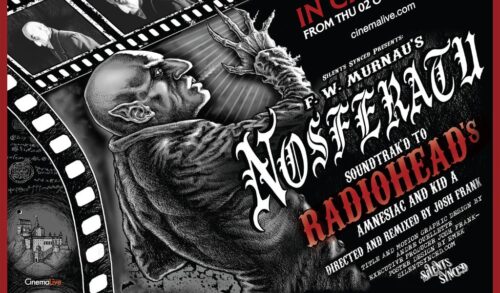 A black and white illustrated poster of a vampire printed onto a 35mm reel