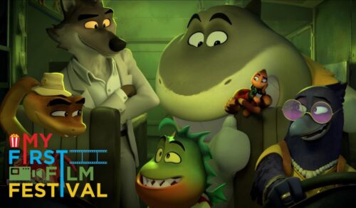 An animated image of a shark a lizard a snake a bird a spider and a wolf gathered around talking In the bottom left is the My First Film Festival logo