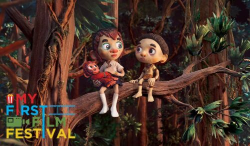 An animated image of a young girl and young boy say in a rainforest tree The young girl is holding a small orangutan In the bottom left is the My First Film Festival logo