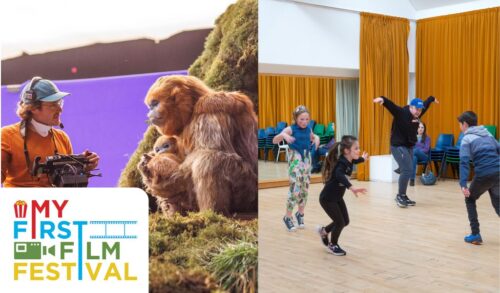 On the left is a photo of a director speaking to a person in a monkey creature costume On the right is a group of children and one adult moving around a room like animals In the bottom left is the My First Film Festival logo