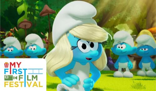 An animated image of a smurf with blonde hair and a white hate Other smurfs are stood behind her In the bottom left is the My First Film Festival logo