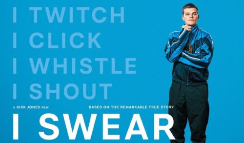 A man in a blue tracksuit stands with arms crossed To his left is a list which reads I Twitch I Click I Whistle I Shout and I Swear