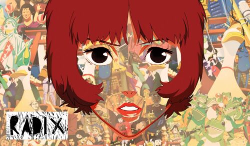 A still image from an anime featuring the translucent face of a woman with red hair In the background is a crowd of animated figures parading
