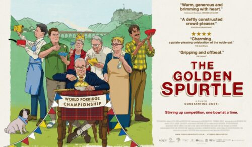 An illustration of a group of people in a Scottish village each holding a bowl of porridge The film title reads The Golden Spurtle