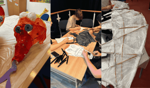 A collage of arts and crafts of a dragon and masks