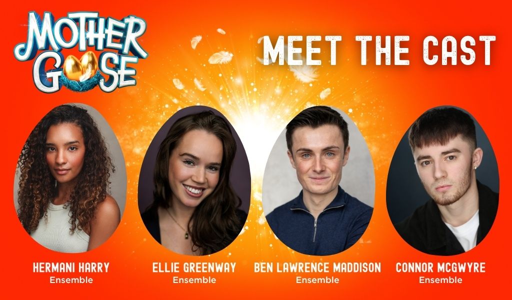 The ensemble cast of Mother Goose - Hermani Henry, Ellie Greenway, Ben Lawrence Maddison, Connor McGwyre.
