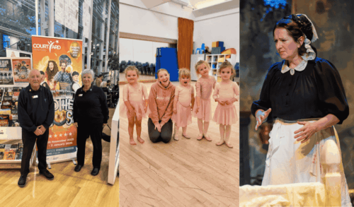 Three images of a family  one of two people stood in stewarding uniforms one lady kneeling with ballet students and the other lady on stage acting in a maids costume