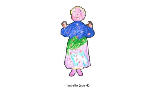 A dame wearing a spotty dress with a blue top, green middle and pink skirt by Isabella, age 4