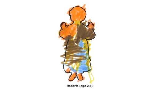 A dame with orange hair wearing a brown and blue dress by Roberta age 2.5