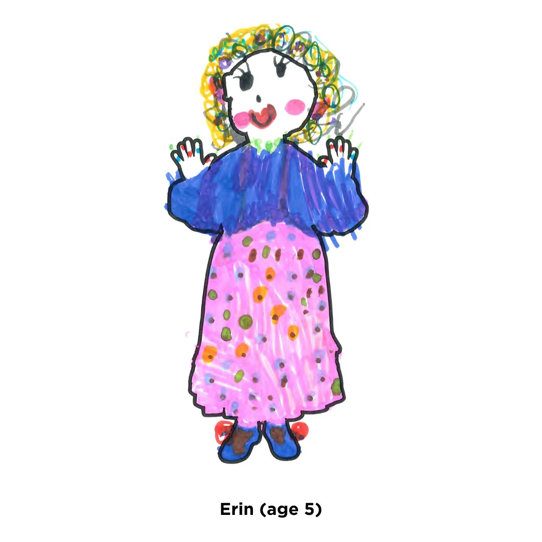 A dame with curly hair, makeup a blue top and polka dot skirt by Erin, age 5.