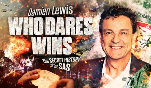 A man smiling surrounded by various warrelated visuals The text on his left reads Damien Lewis Who Dares Wins  The Secret History of the SAS
