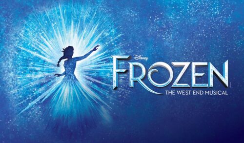 A poster of an outline of a woman in a blue dress with her hand in the air with sparkles and snowflakes all around her The text underneath reads Disney Frozen The West End Musical