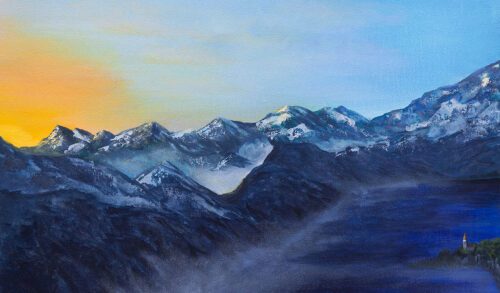 A painting of a mountain range with a sunset in the background A small tower is in the foreground of the painting