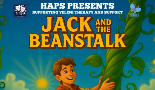 A cartoon man climbing a stalk The text above him reads HAPS Presents Supporting Yeleni Therapy and Support Jack and the Beanstalk