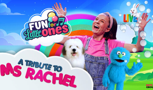 A lady holding her hands up with a dog and a blue puppet in front of her and a cartoon rainbow behind her The text next to her reads A Tribute to Ms Rachel  Fun for Little Ones