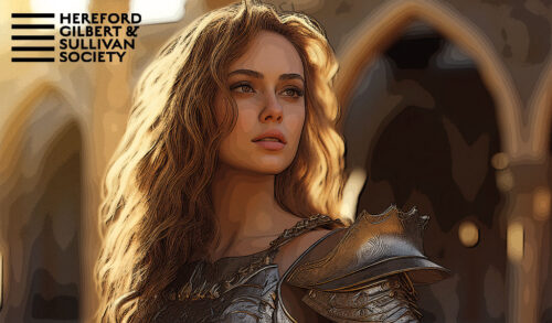 An AI generative image of a princess with blonde hair in armour The logo in the top corner reads Hereford Gilbert  Sullivan Society