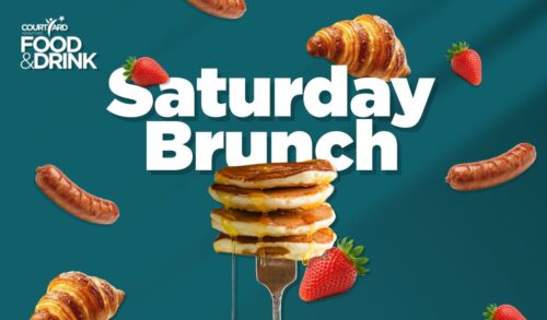 Courtyard Food and Drink  Saturday Brunch with breakfast food falling around it