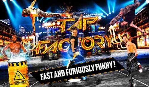  A graphic of five men drumming tap dancing and performing acrobatics The text behind them reads Tap Factory  Fast and Furiously Funny