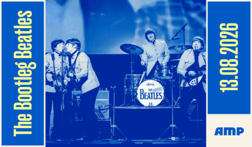 Bootleg Beatles  A band dressed as The Beatles performing on a stage with instruments and microphones The text around them reads The Bootleg Beatles 13082026