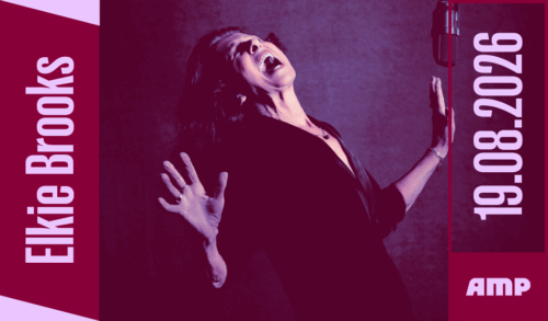 Elkie Brooks  Elkie Brooks wearing a black dress singing into a hanging microphone with her hands out The text around reads Elkie Brooks 19082026
