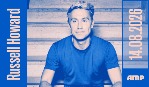 Russell Howard  Russell Howard sat on a staircase with his hands resting on his thighs The text around him reads Russell Howard 14082026