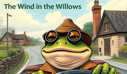 A cartoon frog wearing glasses and a hat driving through a small village The text above reads The Wind in the Willows