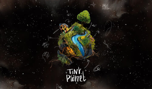 An illustration of a tiny planet with a river grass a tree and a person in space There are drawn diagrams around the planet The text underneath reads Tiny Planet