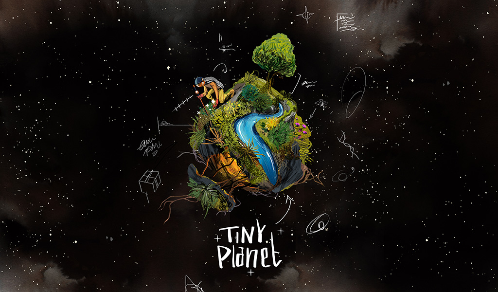 An illustration of a tiny planet with a river, grass, a tree, and a person in space. There are drawn diagrams around the planet. The text underneath reads ‘Tiny Planet’.