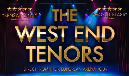 A graphic of a stage with curtains and lights The text over the top of this reads The West End Tenors  Direct from their European arena tour