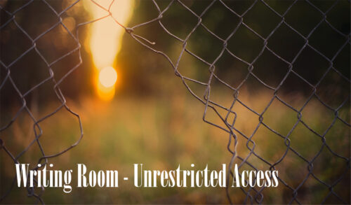 An image of a broken chain link fence with a field blurred in the background The text underneath reads Writing Room  Unrestricted Access