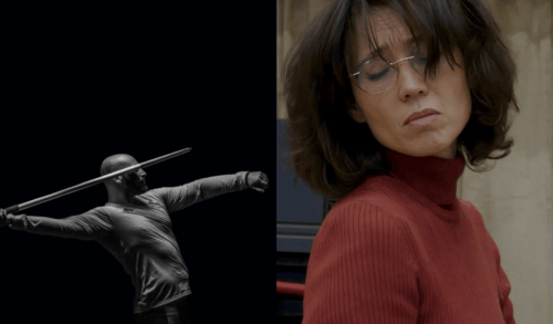 Two images side by side  one of a man posing with a javelin in black and white The other a woman in a red turtle neck and glasses looking over her shoulder