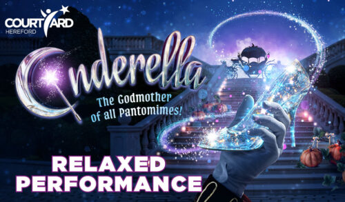 Cinderella written in silver sparkly writing next to a grand staircase with a carriage at the top and pumpkins and little mice on the steps In front of the stairs theres a princes hand holding a glass slipper Relaxed Performance is written at the bottom