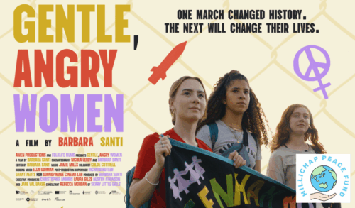 Three young women stand holding a protest sign The title reads Gentle Angry Women