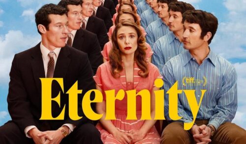 A woman in a pink dress sits in between two men They are repeated behind them in an endless chain of people The title reads Eternity