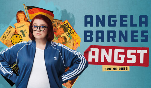 A woman with red hair and glasses wearing a blue tracksuit and white shirt The graphics around her are cut outs of a German flag photos of toys posters and magazines The text next to her reads Angela Barnes Angst Spring 2026