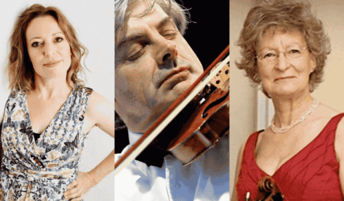 A collage of three photos of musicians