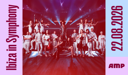 Ibiza in Symphony  A group of musicians posing on stage with lights shining behind them The text around them reads Ibiza in Symphony 22082026