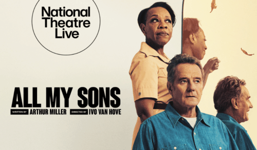 A poster featuring a man in a blue shirt sat on a chair Behind him stands a woman in a beige dress To their right is a mirror showing their reflection and dead leaves falling The text reads National Theatre Live All My Sons