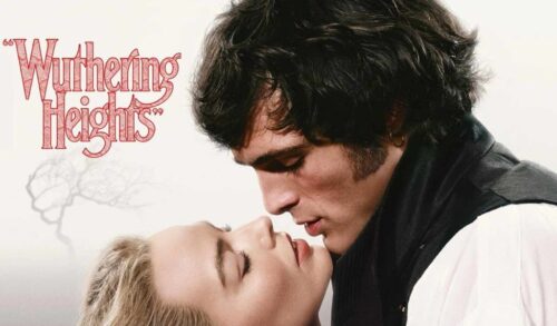 A film poster in which a man embraces a woman holding her hair back The logo in the top left reads Wuthering Heights